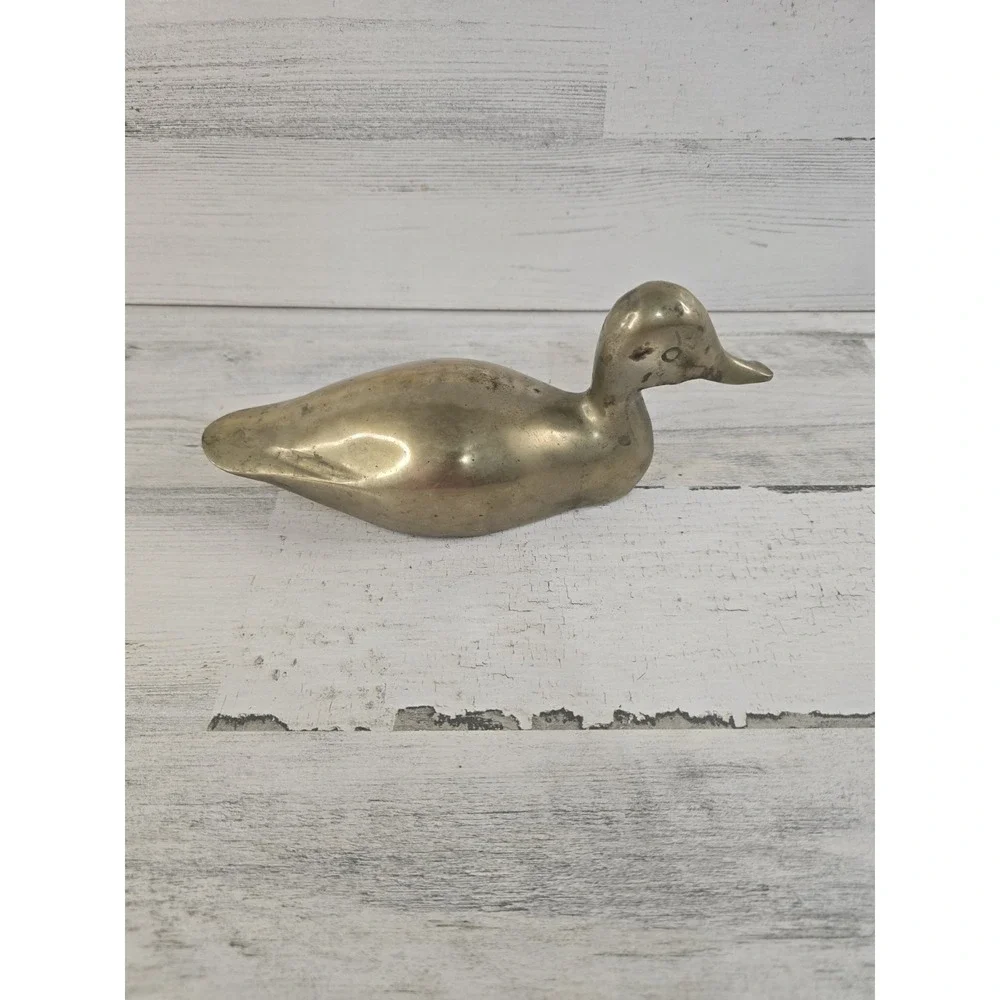 Vintage Solid Brass Duck Figurine Mid Century Modern Bird Paperweight 7.5 Inch
